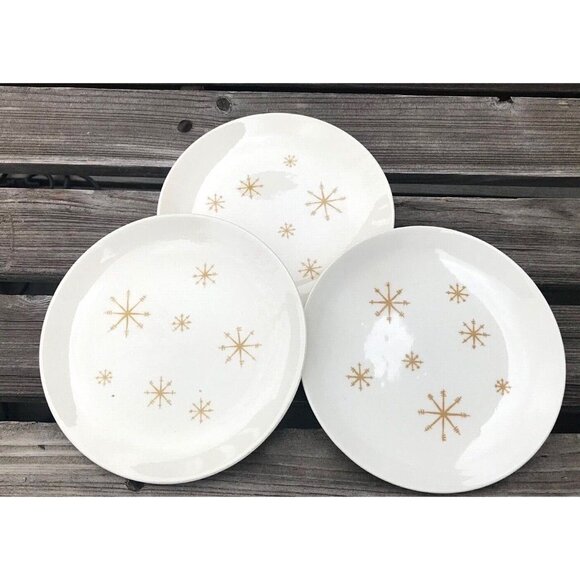 3 Royal China Atomic Gold Star Glow Dessert Plates Dinnerware Vintage USA MCM - Picture 1 of 6